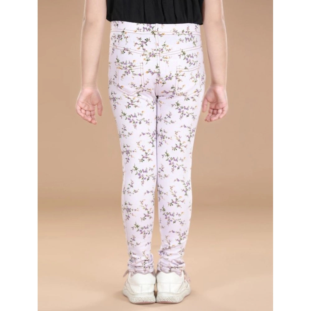 Girl's Cotton Lycra Floral Elasticated Jeggings (Multicolor)
