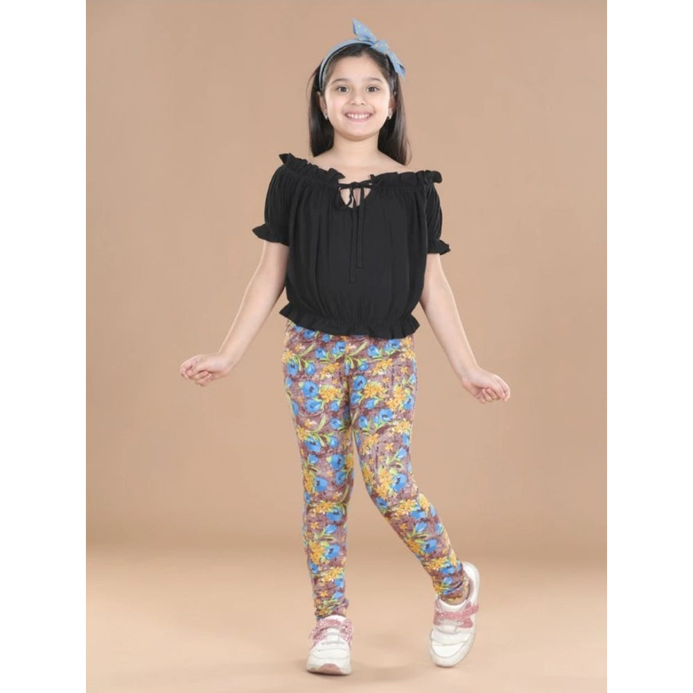 Girl's Cotton Lycra Floral Elasticated Jeggings (Multicolor)
