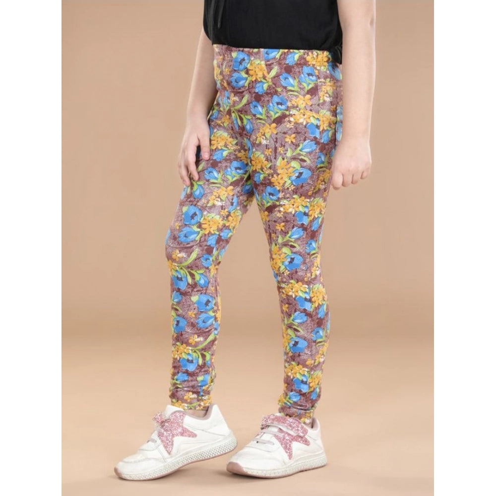 Girl's Cotton Lycra Floral Elasticated Jeggings (Multicolor)