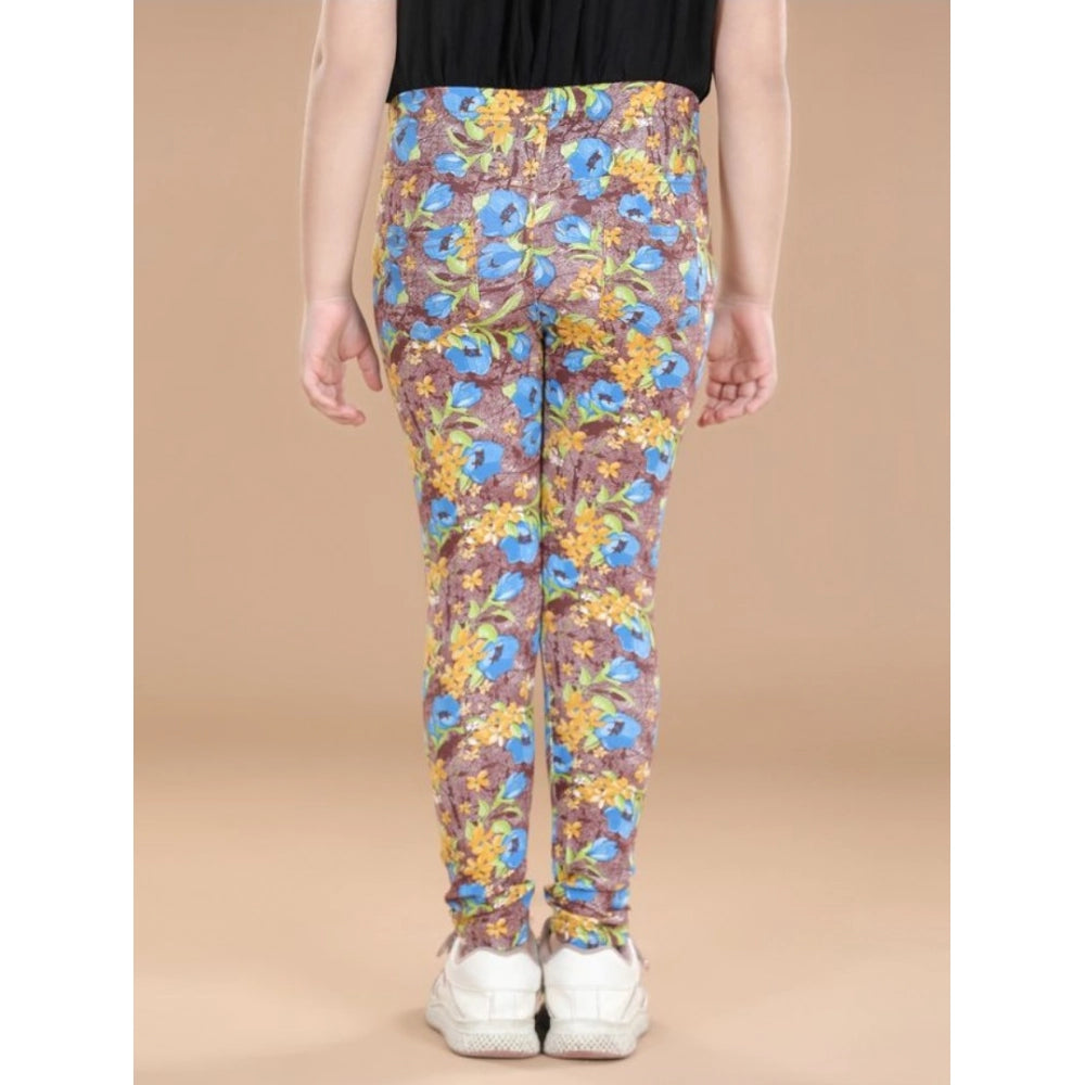 Girl's Cotton Lycra Floral Elasticated Jeggings (Multicolor)