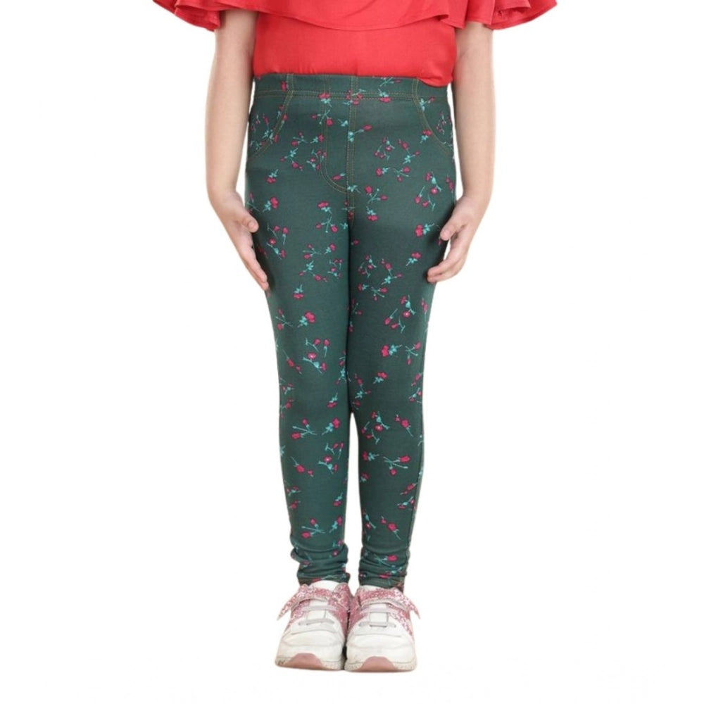 Girl's Cotton Lycra Floral Elasticated Jeggings (Bottle Green)