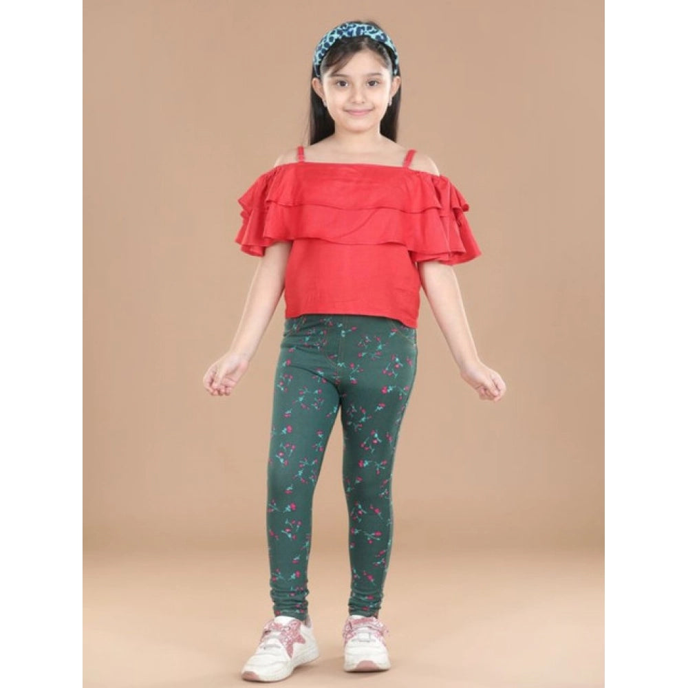 Girl's Cotton Lycra Floral Elasticated Jeggings (Bottle Green)