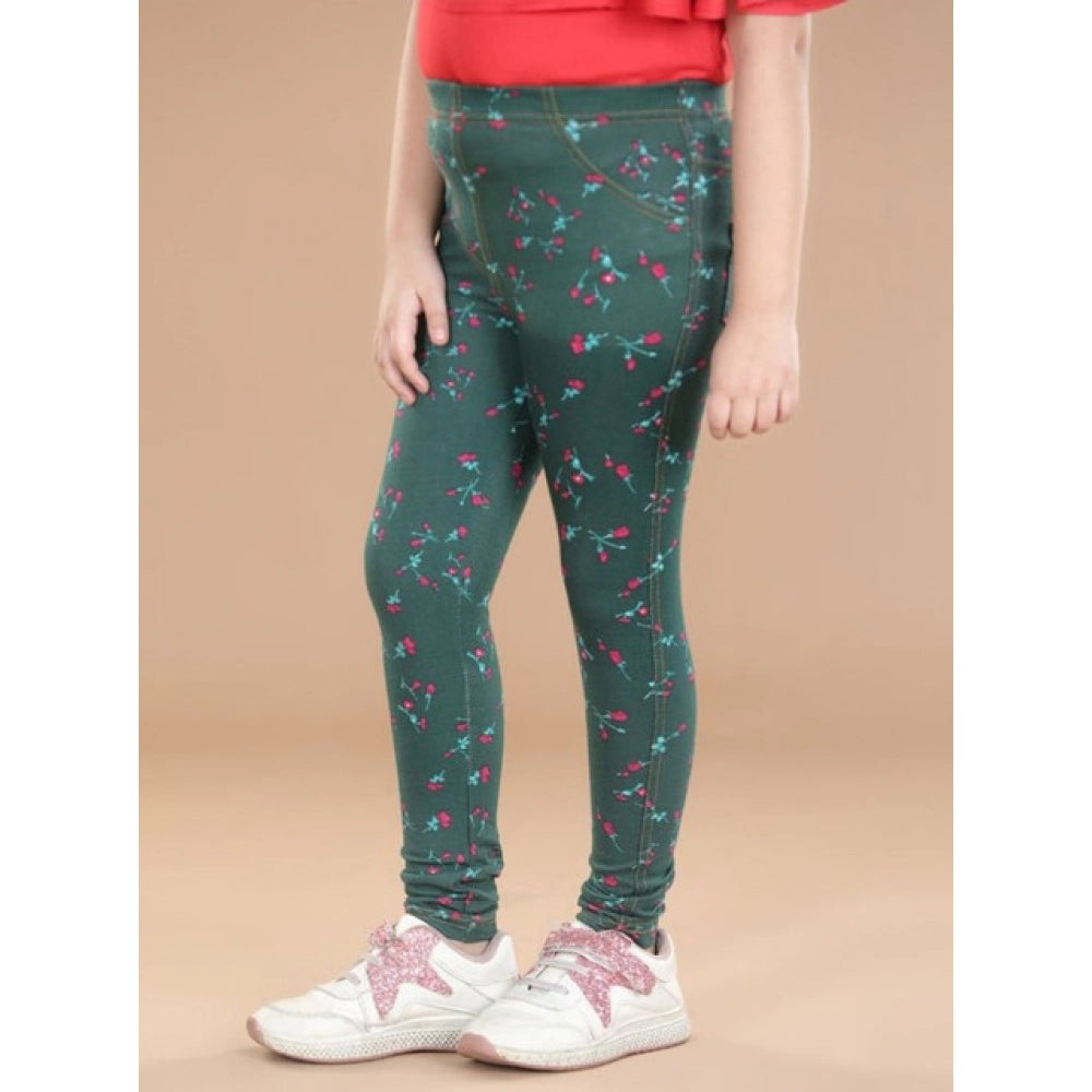 Girl's Cotton Lycra Floral Elasticated Jeggings (Bottle Green)
