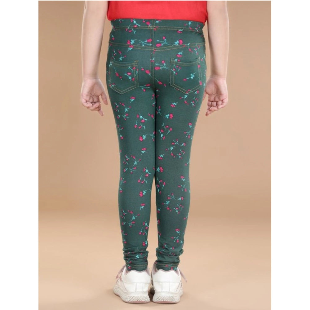 Girl's Cotton Lycra Floral Elasticated Jeggings (Bottle Green)