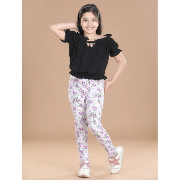 Girl's Cotton Lycra Floral Elasticated Jeggings (Lavender)
