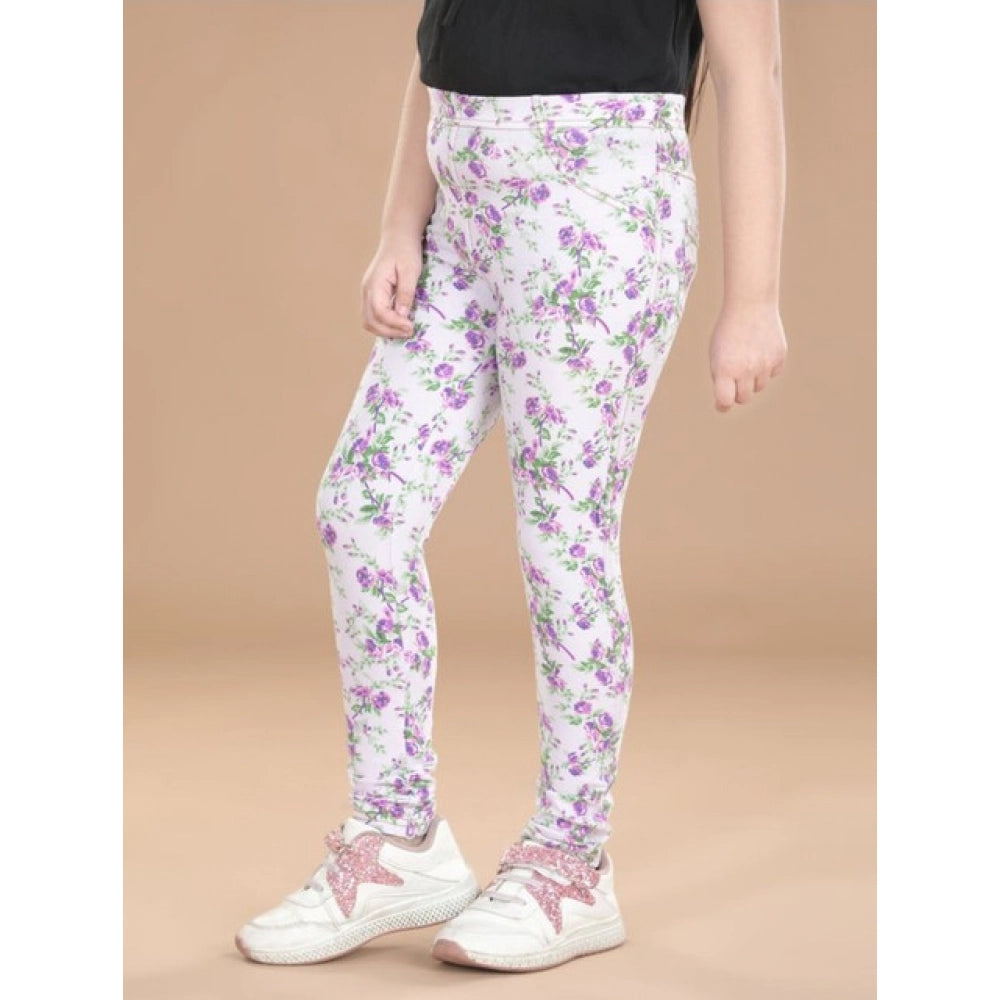 Girl's Cotton Lycra Floral Elasticated Jeggings (Lavender)