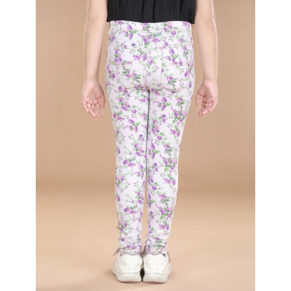 Girl's Cotton Lycra Floral Elasticated Jeggings (Lavender)