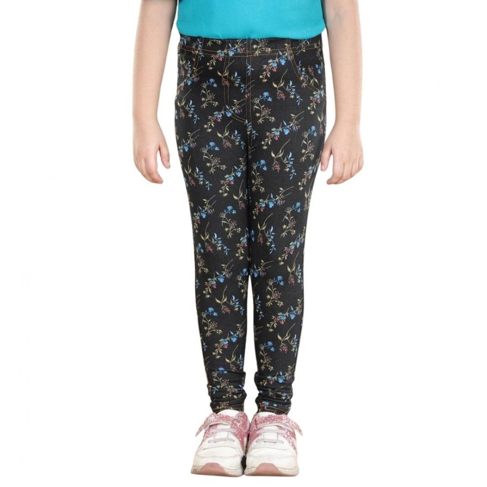 Girl's Cotton Lycra Floral Elasticated Jeggings (Multicolor)