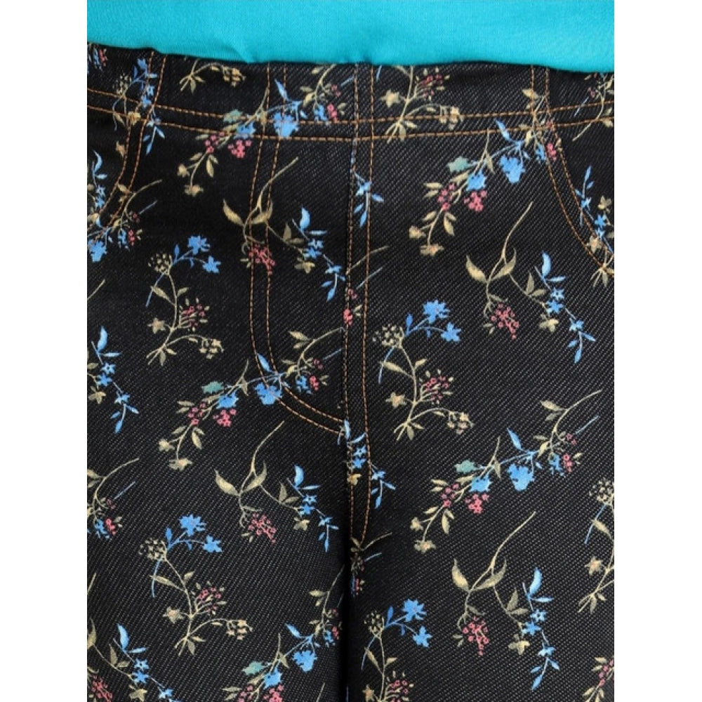 Girl's Cotton Lycra Floral Elasticated Jeggings (Multicolor)