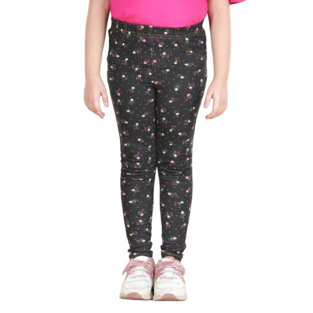 Girl's Cotton Lycra Floral Elasticated Jeggings (Multicolor)