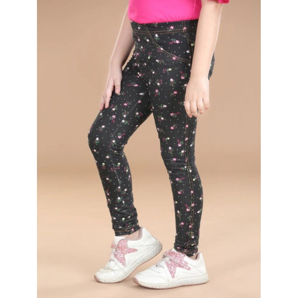 Girl's Cotton Lycra Floral Elasticated Jeggings (Multicolor)