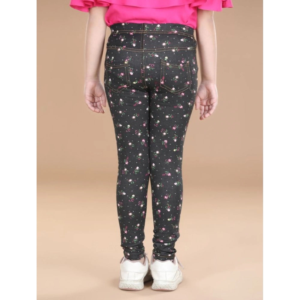 Girl's Cotton Lycra Floral Elasticated Jeggings (Multicolor)