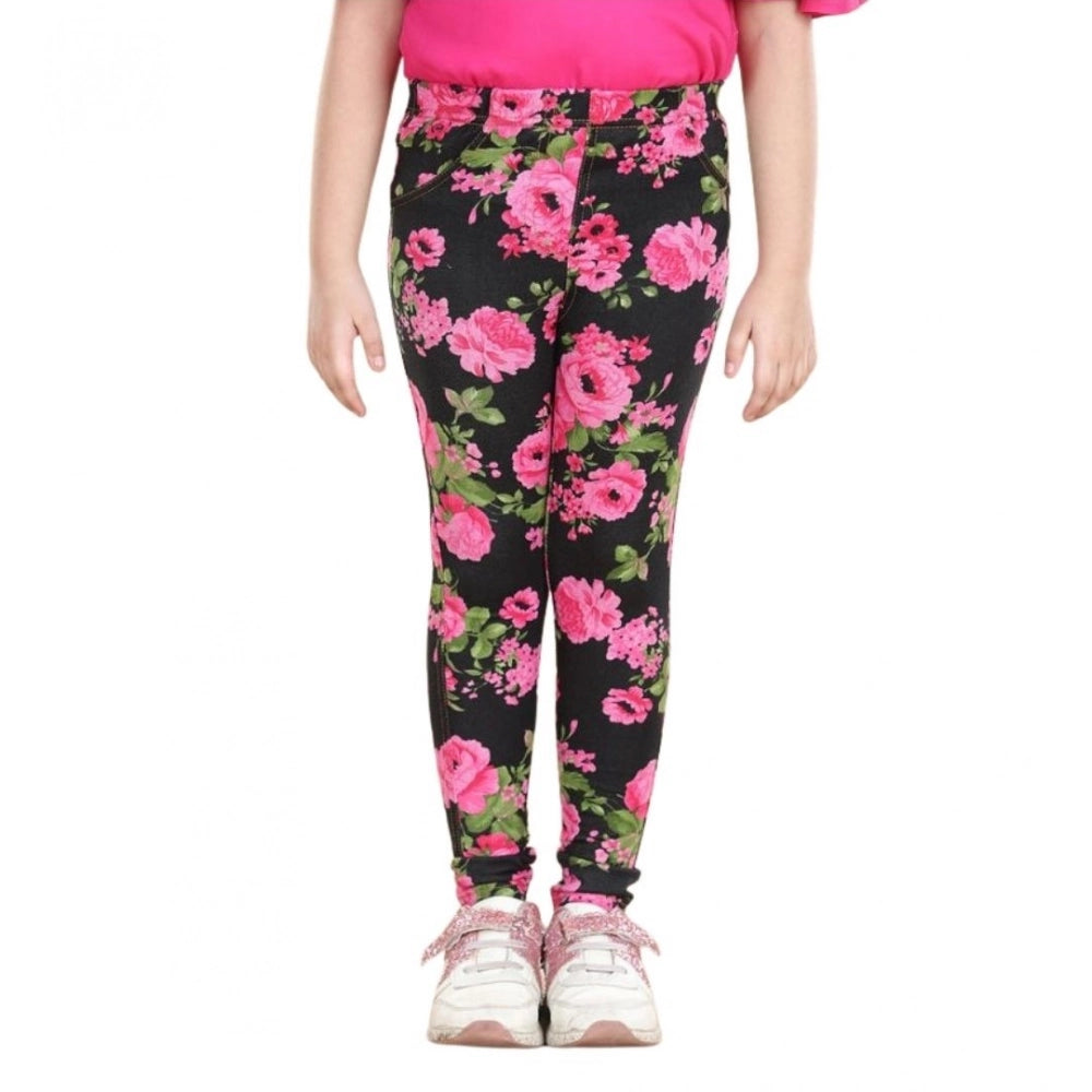 Girl's Cotton Lycra Floral Elasticated Jeggings (Black-Pink)