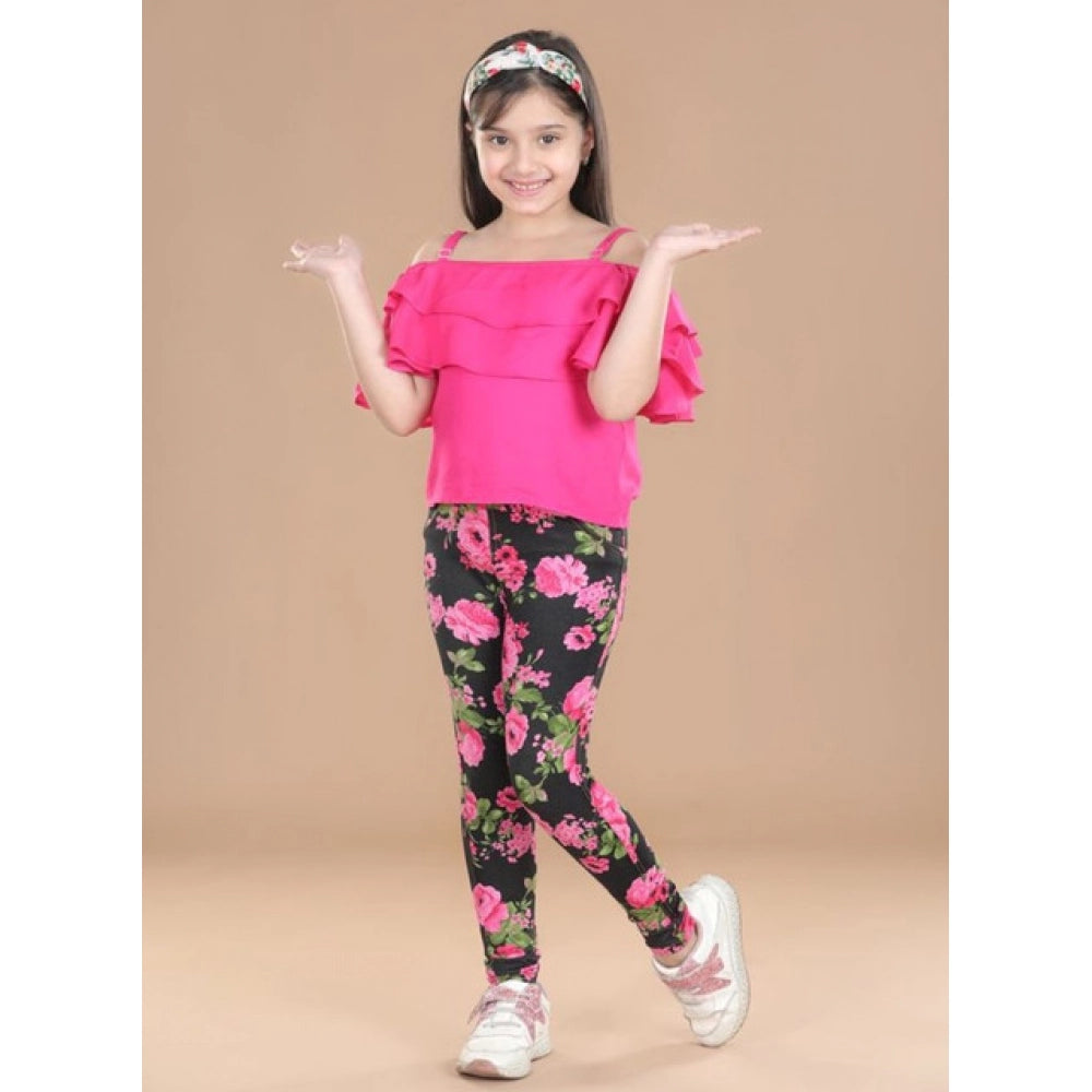 Girl's Cotton Lycra Floral Elasticated Jeggings (Black-Pink)