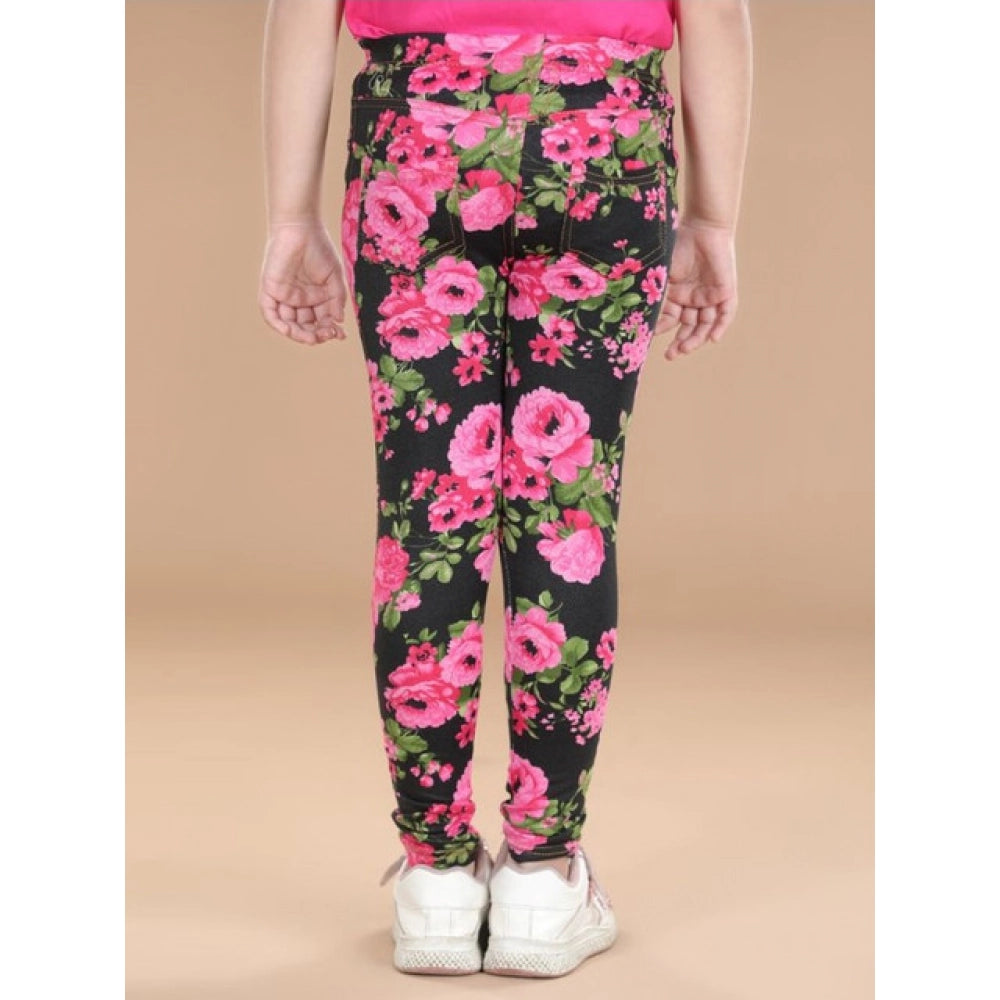 Girl's Cotton Lycra Floral Elasticated Jeggings (Black-Pink)