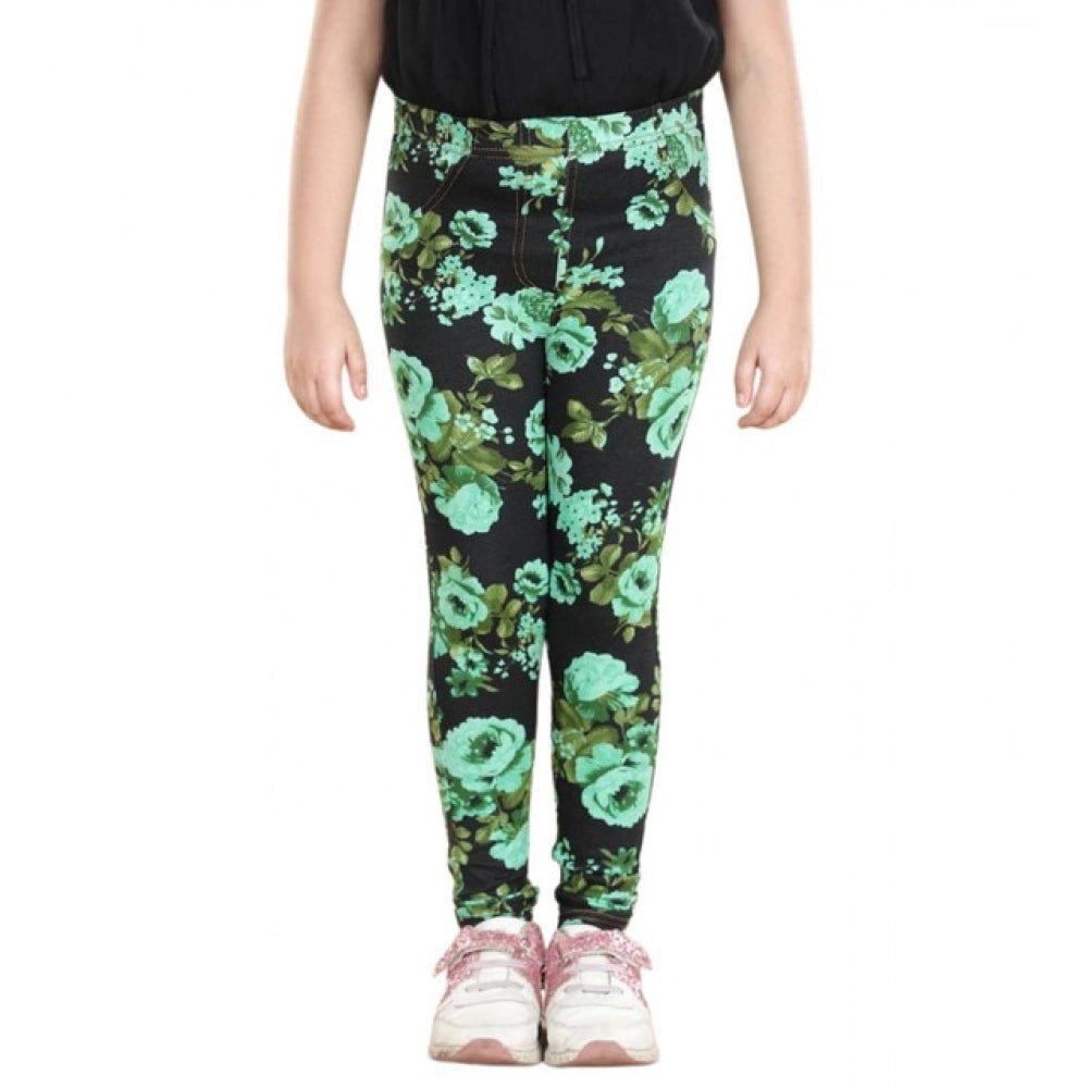 Girl's Cotton Lycra Floral Elasticated Jeggings (Black-Green)