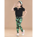Girl's Cotton Lycra Floral Elasticated Jeggings (Black-Green)