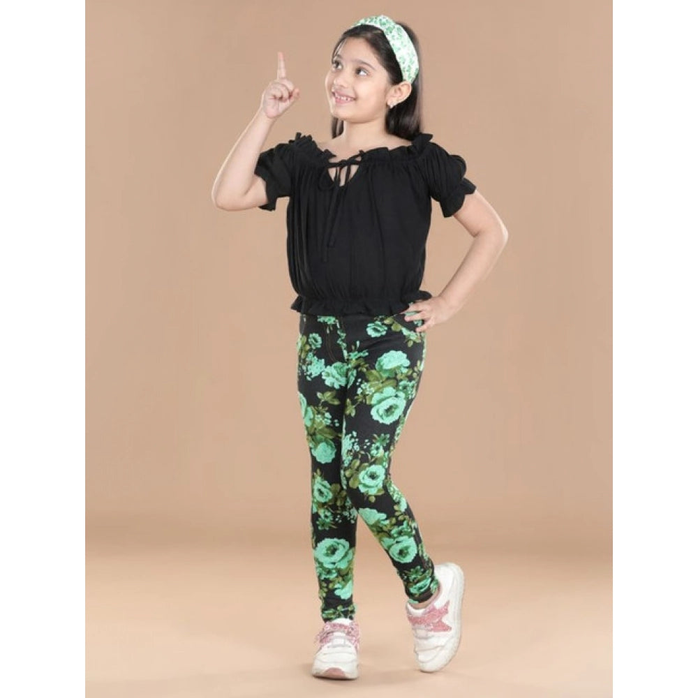 Girl's Cotton Lycra Floral Elasticated Jeggings (Black-Green)