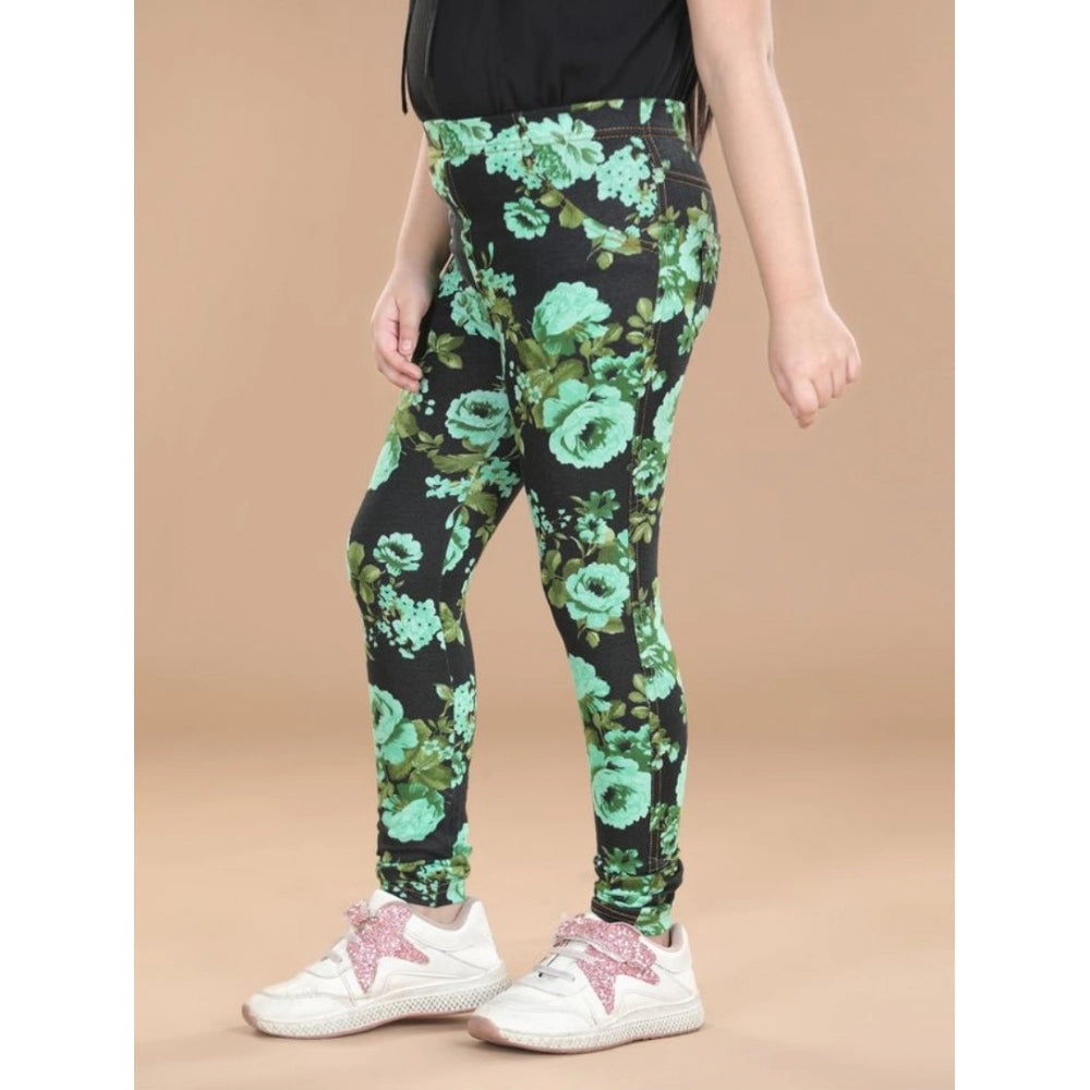 Girl's Cotton Lycra Floral Elasticated Jeggings (Black-Green)