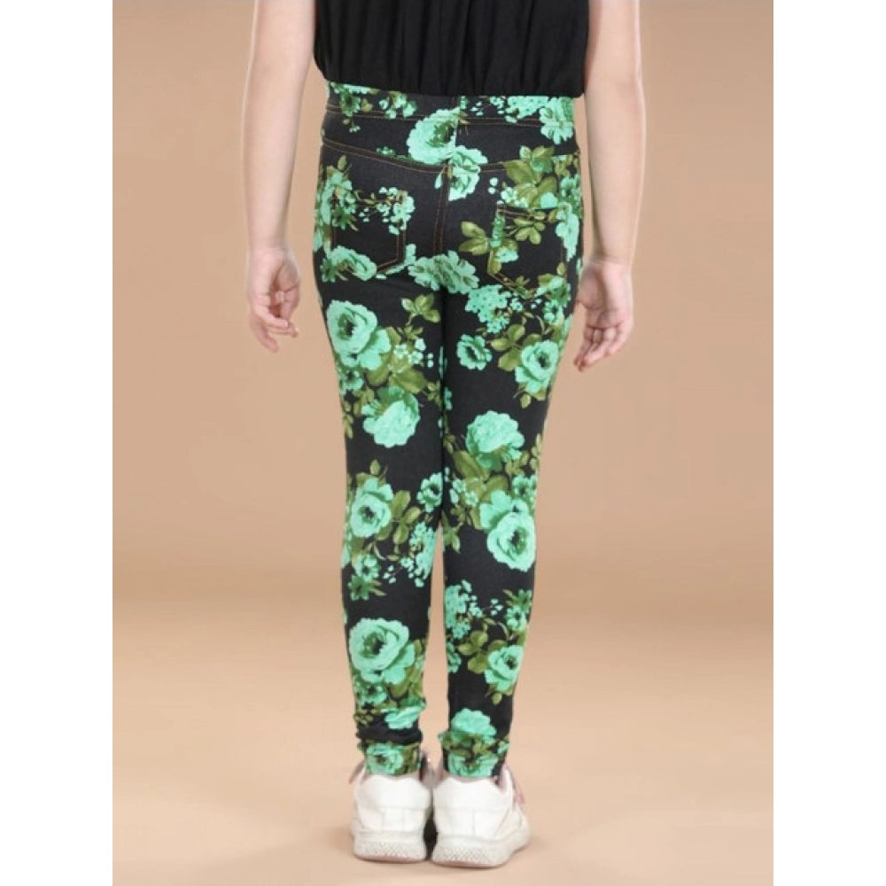 Girl's Cotton Lycra Floral Elasticated Jeggings (Black-Green)