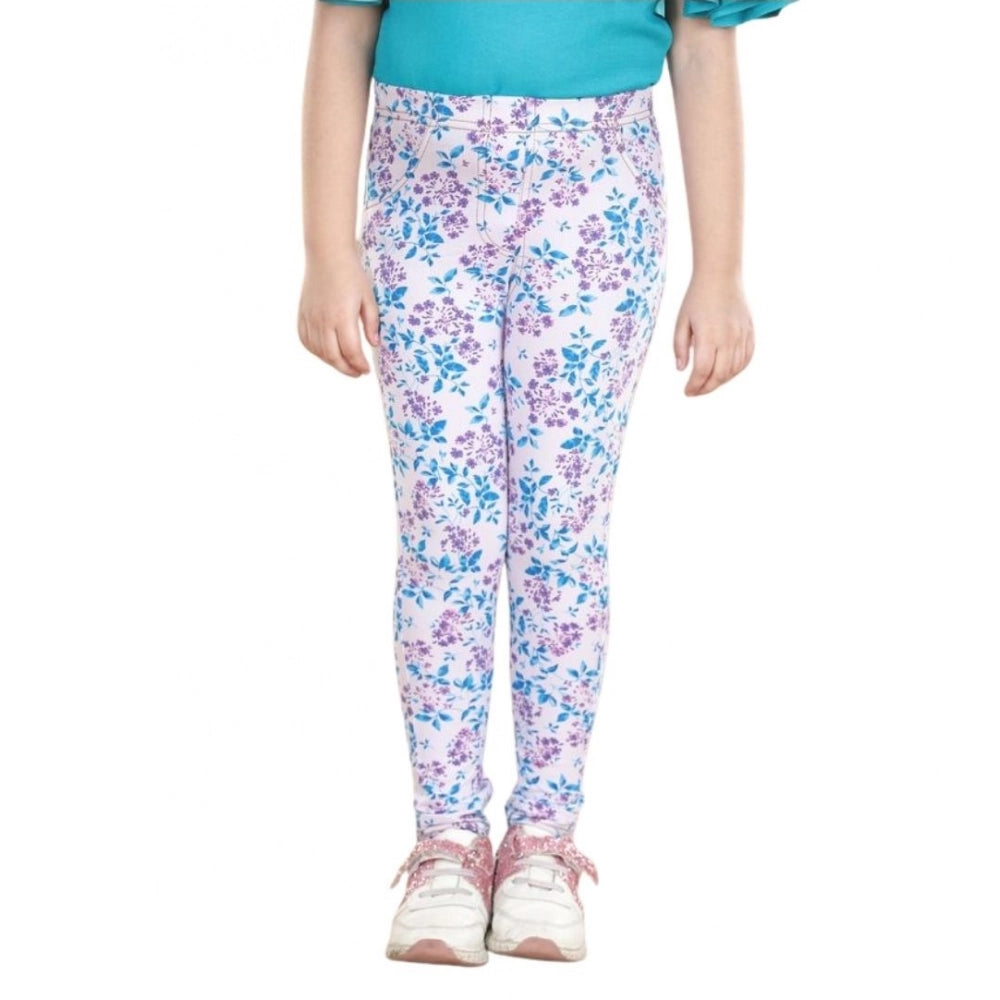 Girl's Cotton Lycra Floral Elasticated Jeggings (White-Turquoise Blue)