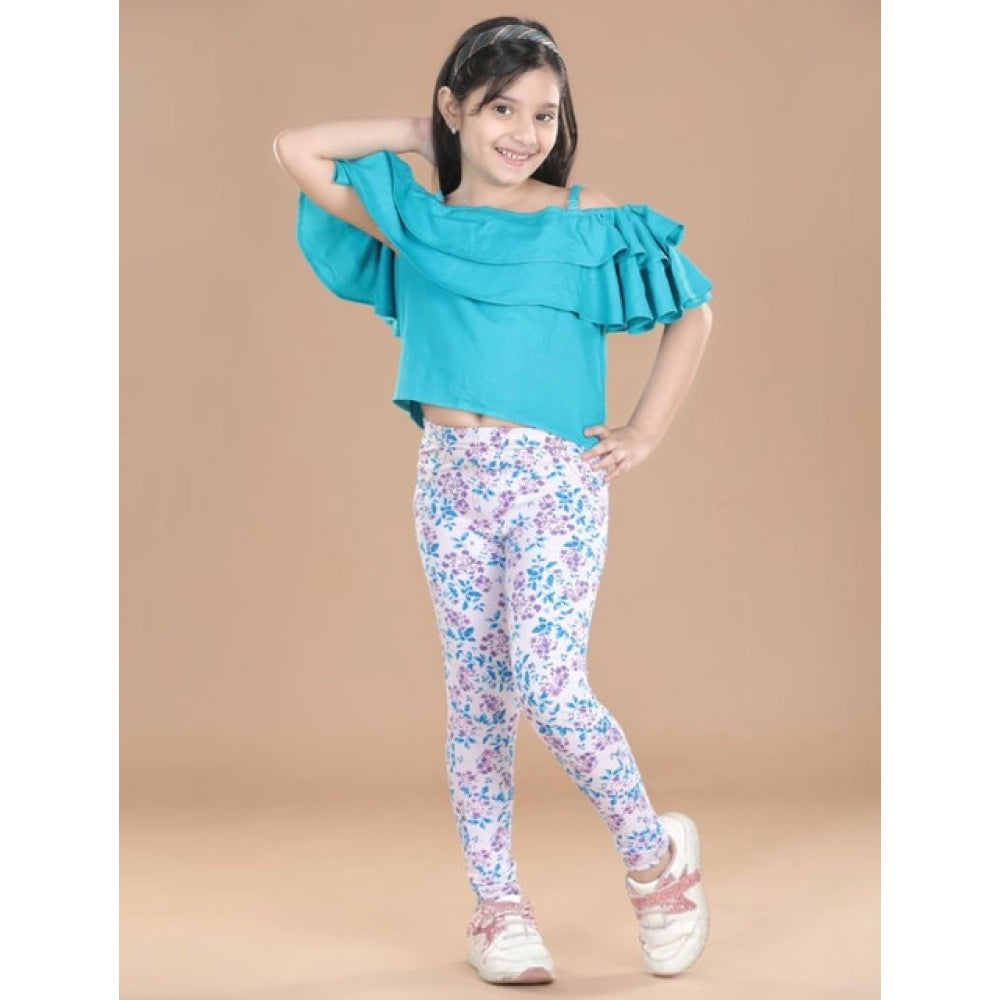 Girl's Cotton Lycra Floral Elasticated Jeggings (White-Turquoise Blue)