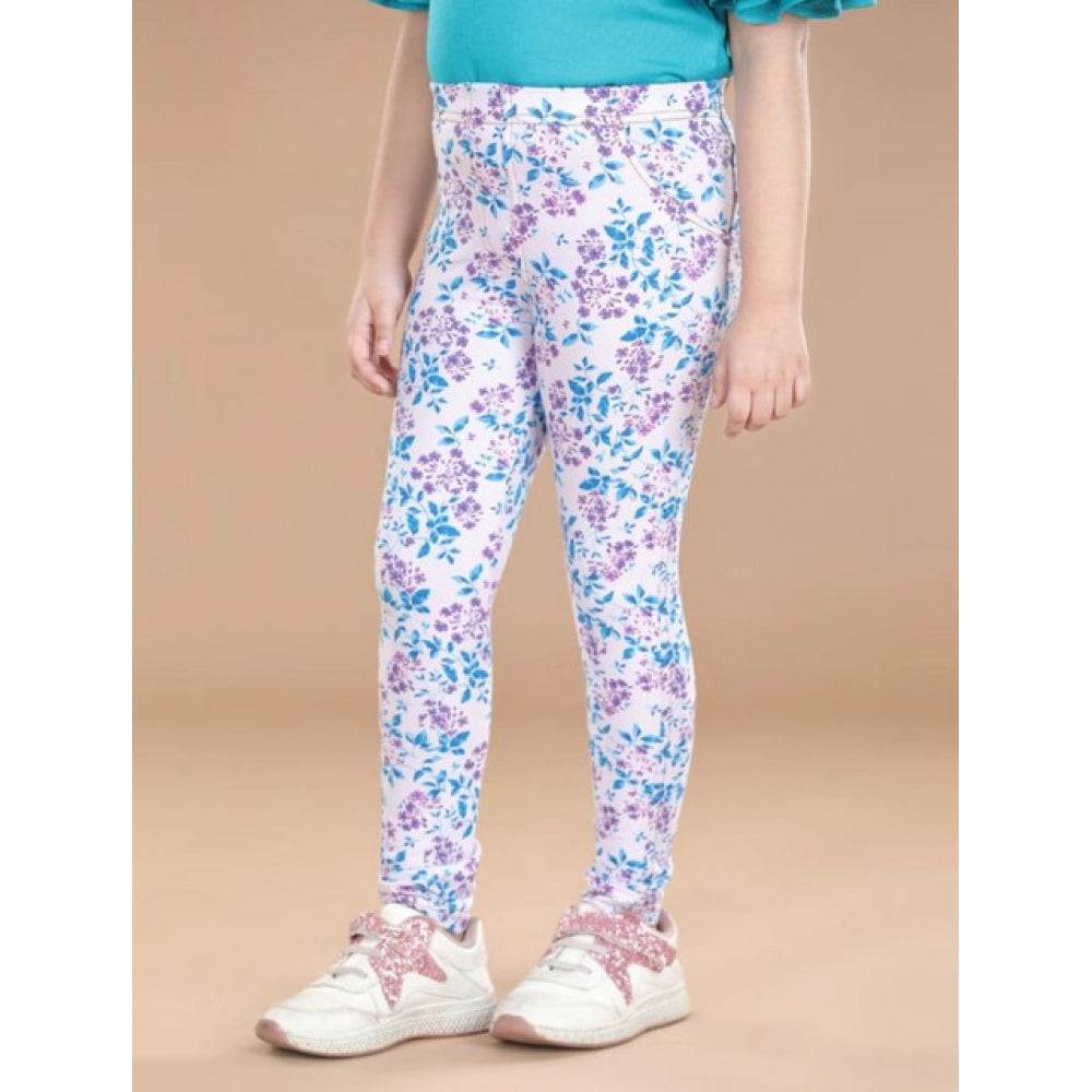 Girl's Cotton Lycra Floral Elasticated Jeggings (White-Turquoise Blue)