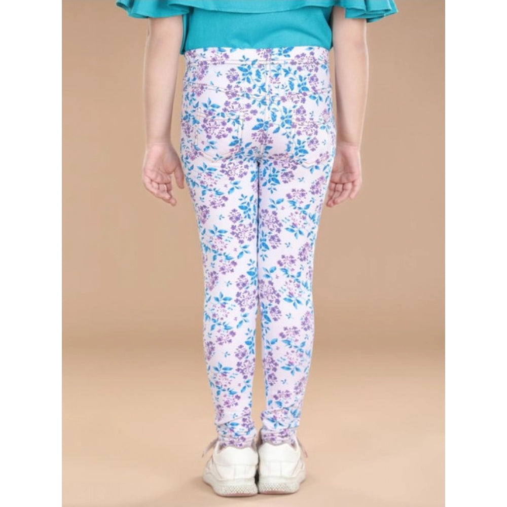 Girl's Cotton Lycra Floral Elasticated Jeggings (White-Turquoise Blue)