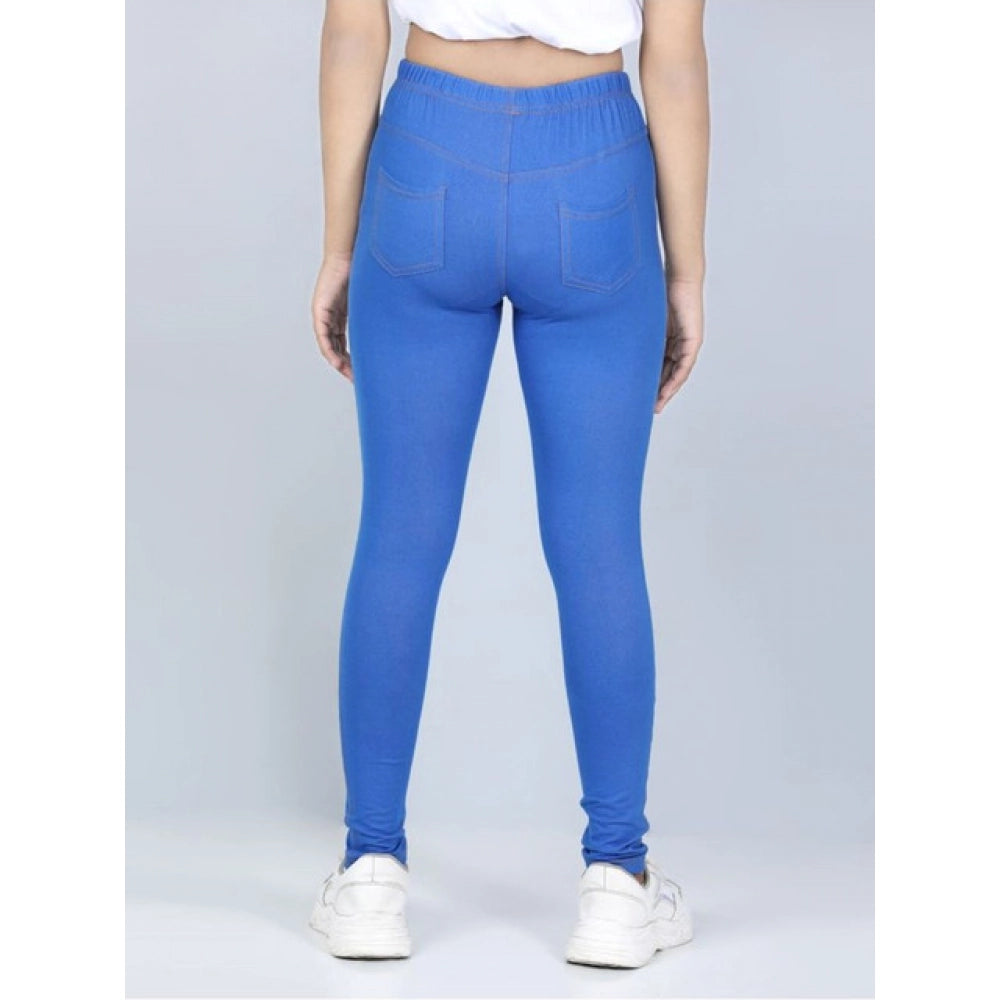 Girl's Cotton Lycra Solid Elasticated Jeggings (Blue)