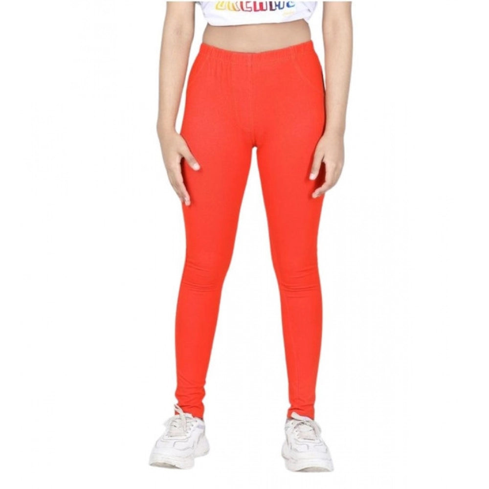 Girl's Cotton Lycra Solid Elasticated Jeggings (Orange)