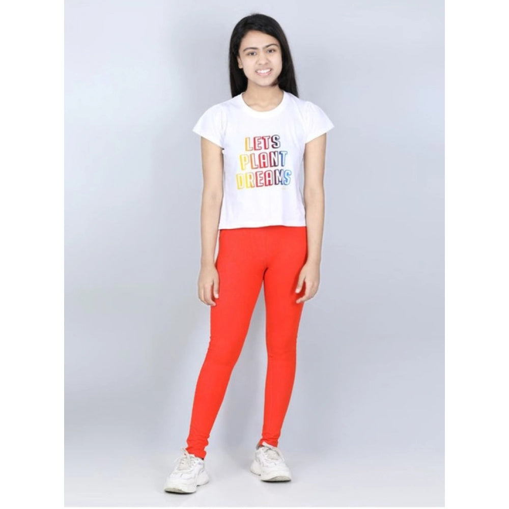 Girl's Cotton Lycra Solid Elasticated Jeggings (Orange)