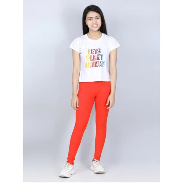 Girl's Cotton Lycra Solid Elasticated Jeggings (Orange)