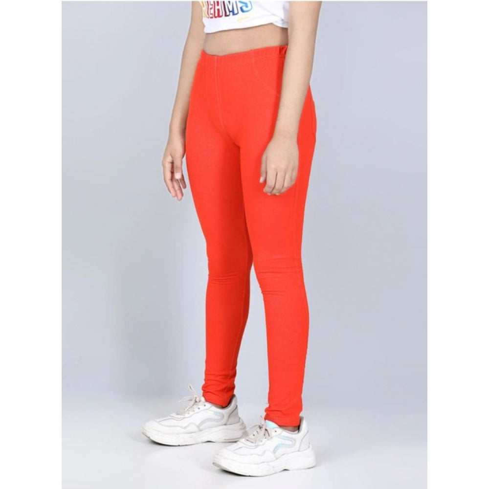 Girl's Cotton Lycra Solid Elasticated Jeggings (Orange)