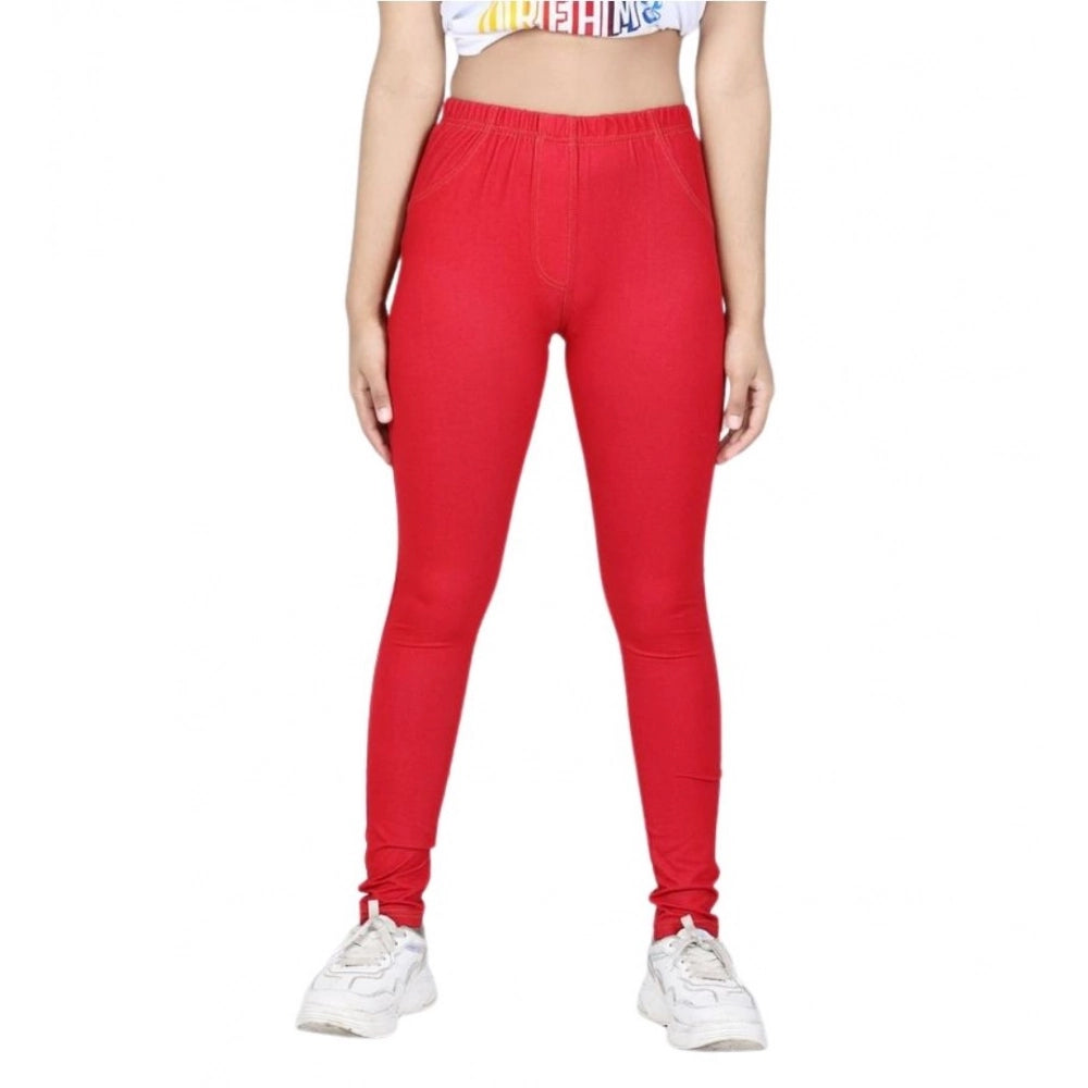 Girl's Cotton Lycra Solid Elasticated Jeggings (Red)