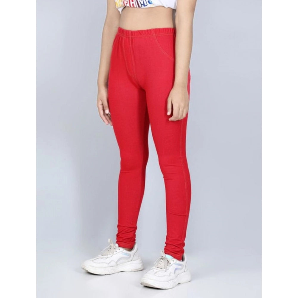 Girl's Cotton Lycra Solid Elasticated Jeggings (Red)