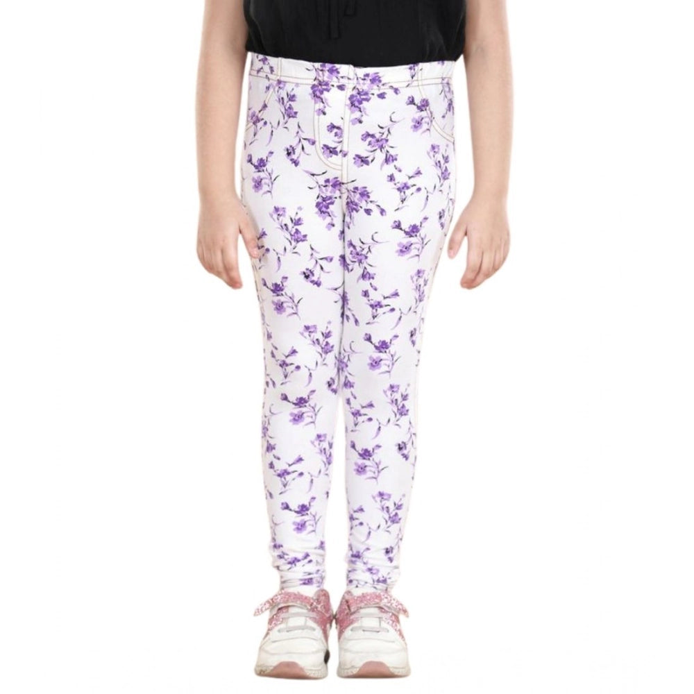 Girl's Cotton Lycra Floral Elasticated Jeggings (White-Lavender)