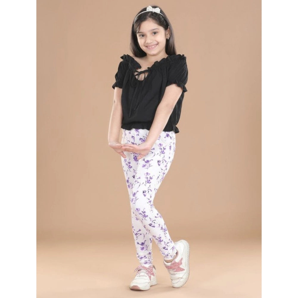 Girl's Cotton Lycra Floral Elasticated Jeggings (White-Lavender)