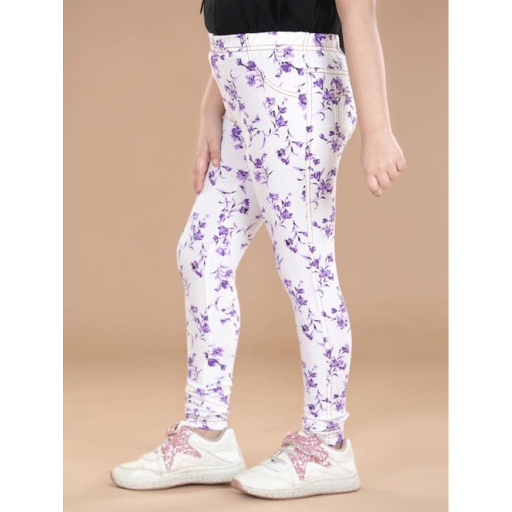 Girl's Cotton Lycra Floral Elasticated Jeggings (White-Lavender)
