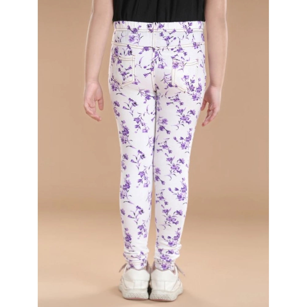 Girl's Cotton Lycra Floral Elasticated Jeggings (White-Lavender)