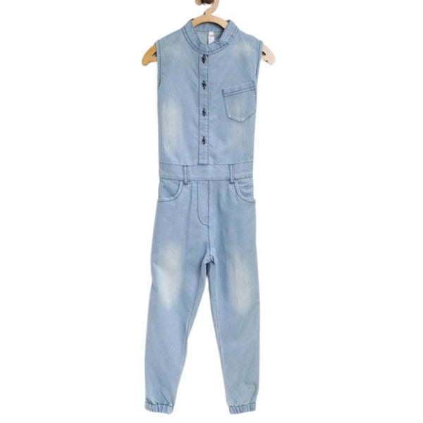Girl's Denim Embellished Sleeveless Jumpsuit (Blue)