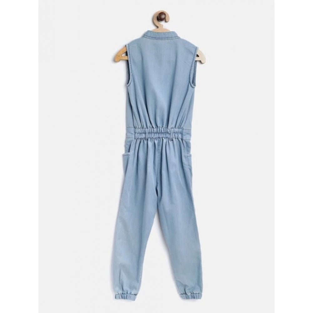 Girl's Denim Embellished Sleeveless Jumpsuit (Blue)