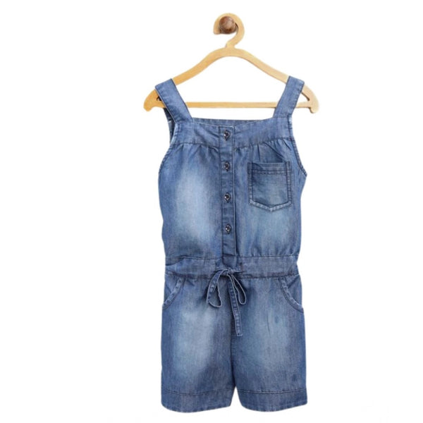 Girl's Denim Embroidered Sleeveless Jumpsuit (Blue)
