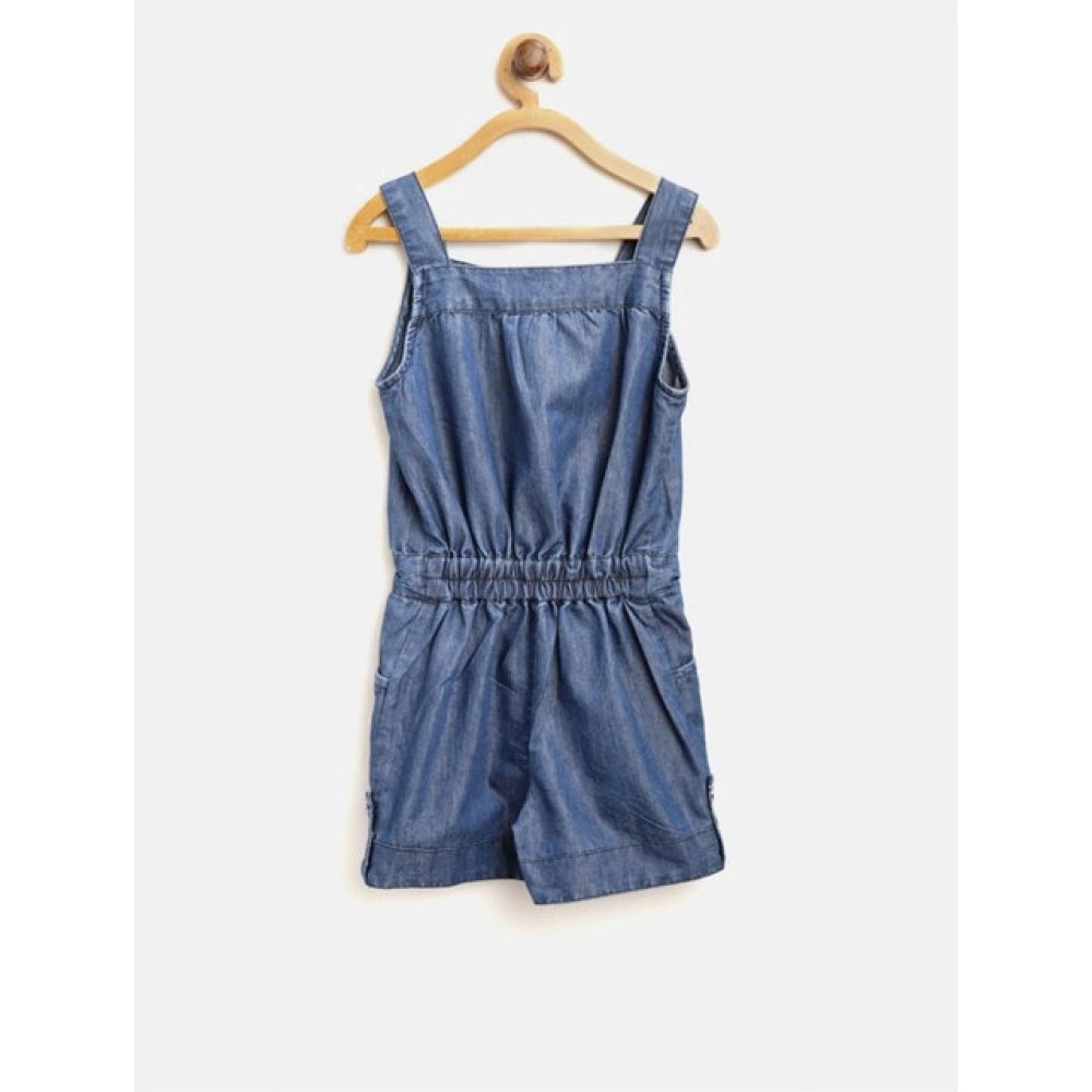 Girl's Denim Embroidered Sleeveless Jumpsuit (Blue)