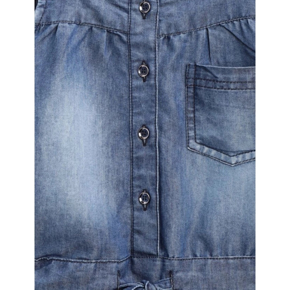 Girl's Denim Embroidered Sleeveless Jumpsuit (Blue)