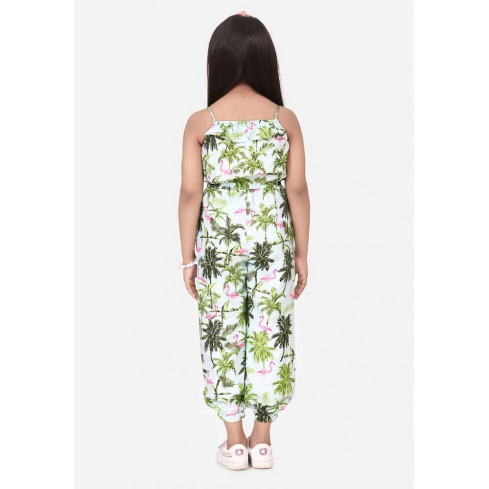 Girl's Denim Embroidered Sleeveless Jumpsuit (White-Green)