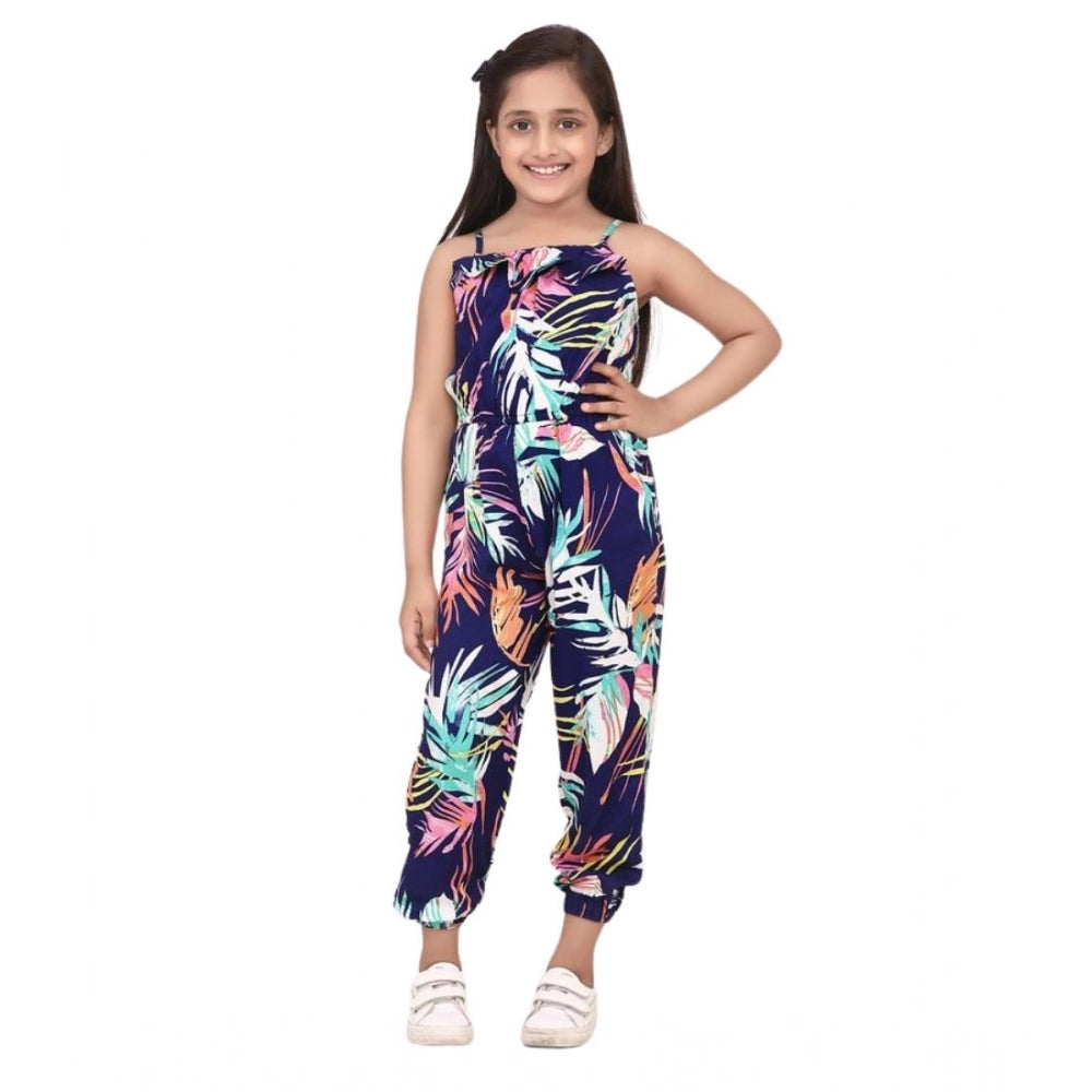 Girl's Rayon Printed Sleeveless Jumpsuit (Blue-Multicolor)