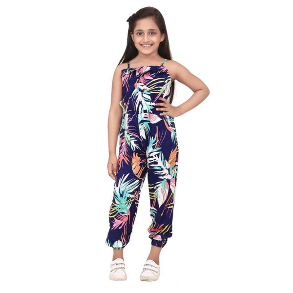 Girl's Rayon Printed Sleeveless Jumpsuit (Blue-Multicolor)