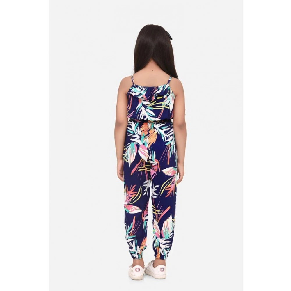 Girl's Rayon Printed Sleeveless Jumpsuit (Blue-Multicolor)