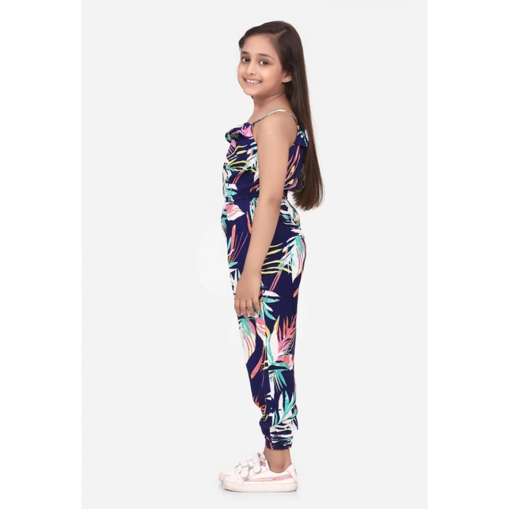 Girl's Rayon Printed Sleeveless Jumpsuit (Blue-Multicolor)