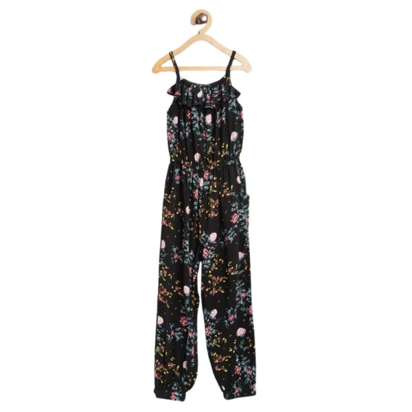 Girl's Rayon Floral Sleeveless Jumpsuit (Black-Pink)